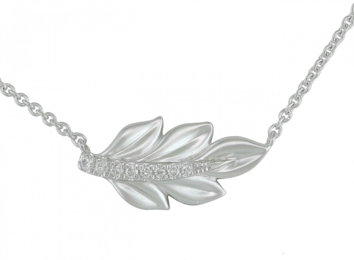 14K White Gold Diamond Leaf Necklace