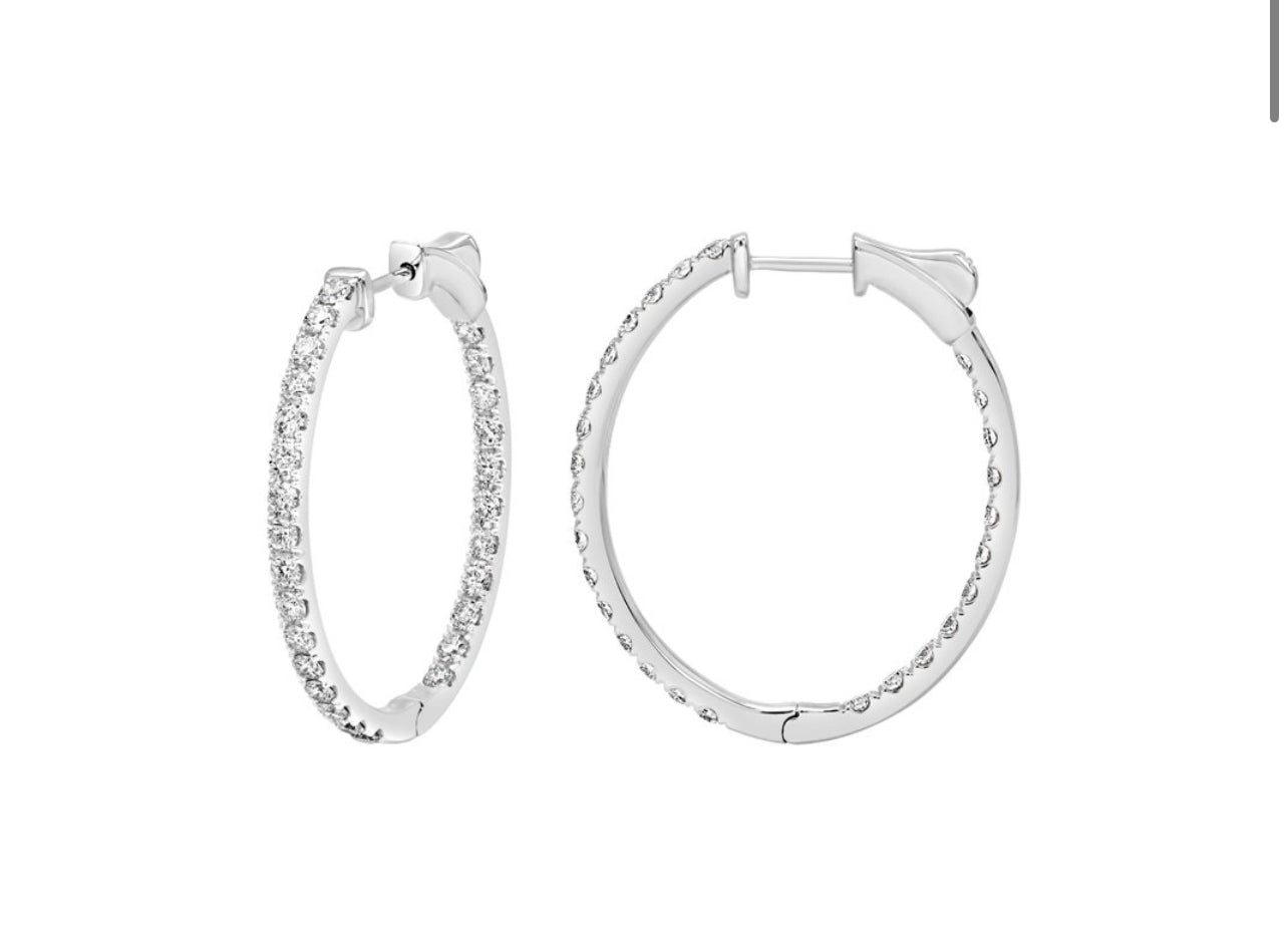 14K White or Yellow Gold Classic Oval Inside-Out Diamond Hoops