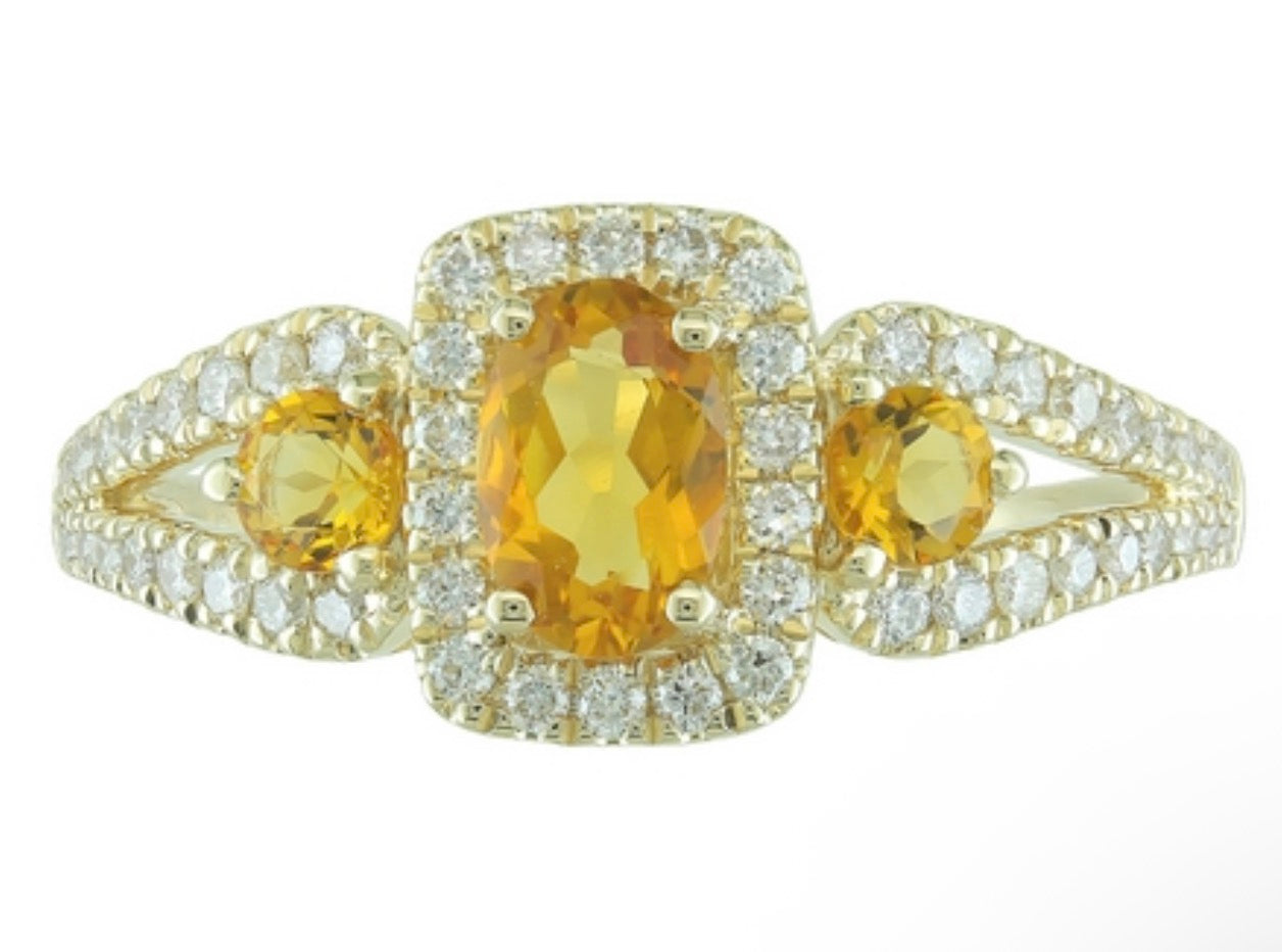 14K Yellow Three Stone Citrine and Diamond Halo Ring