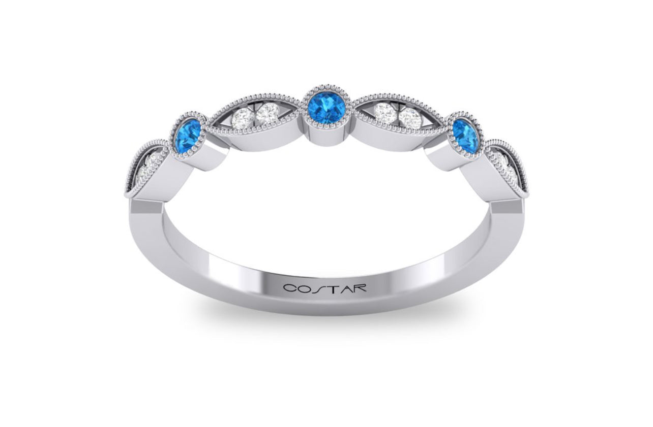 14K White Gold Birthstone and Diamond Milgrain detailed Marquee Band