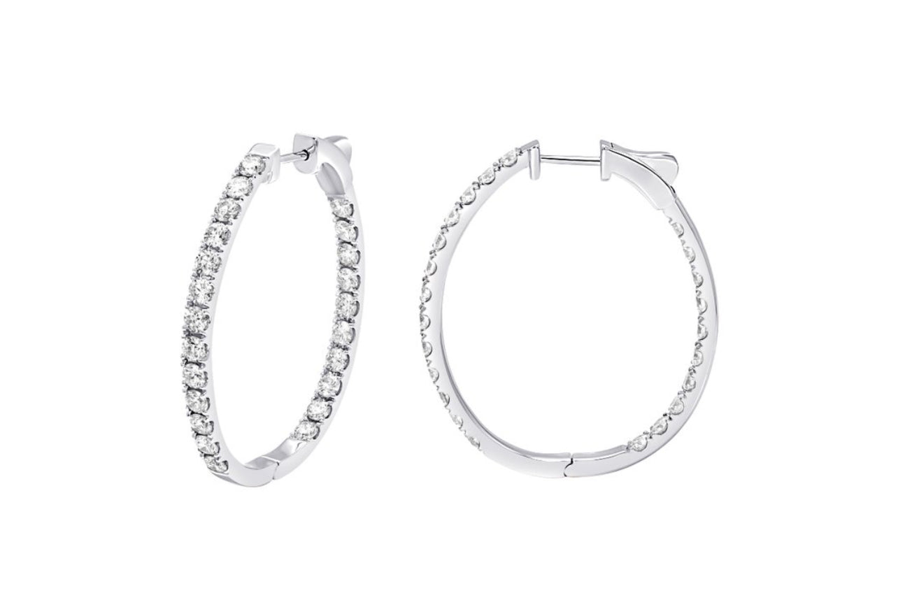 14K White or Yellow Gold Classic Oval Inside-Out Diamond Hoops