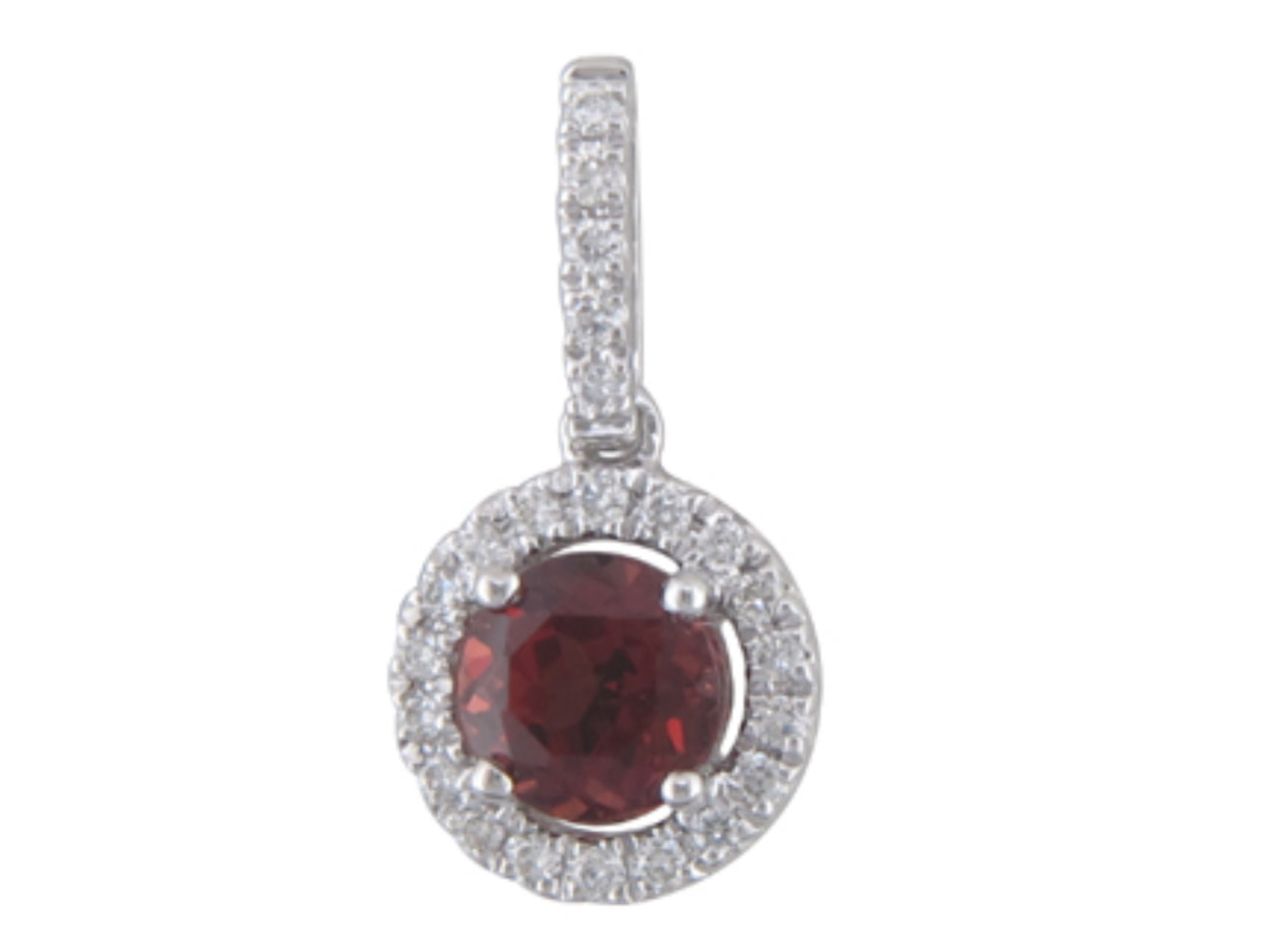 14K White Gold Garnet and Diamond Halo Pendant