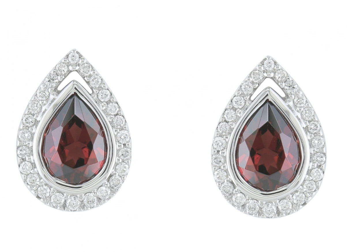 14K White Gold Garnet and Diamond Stud Earrings