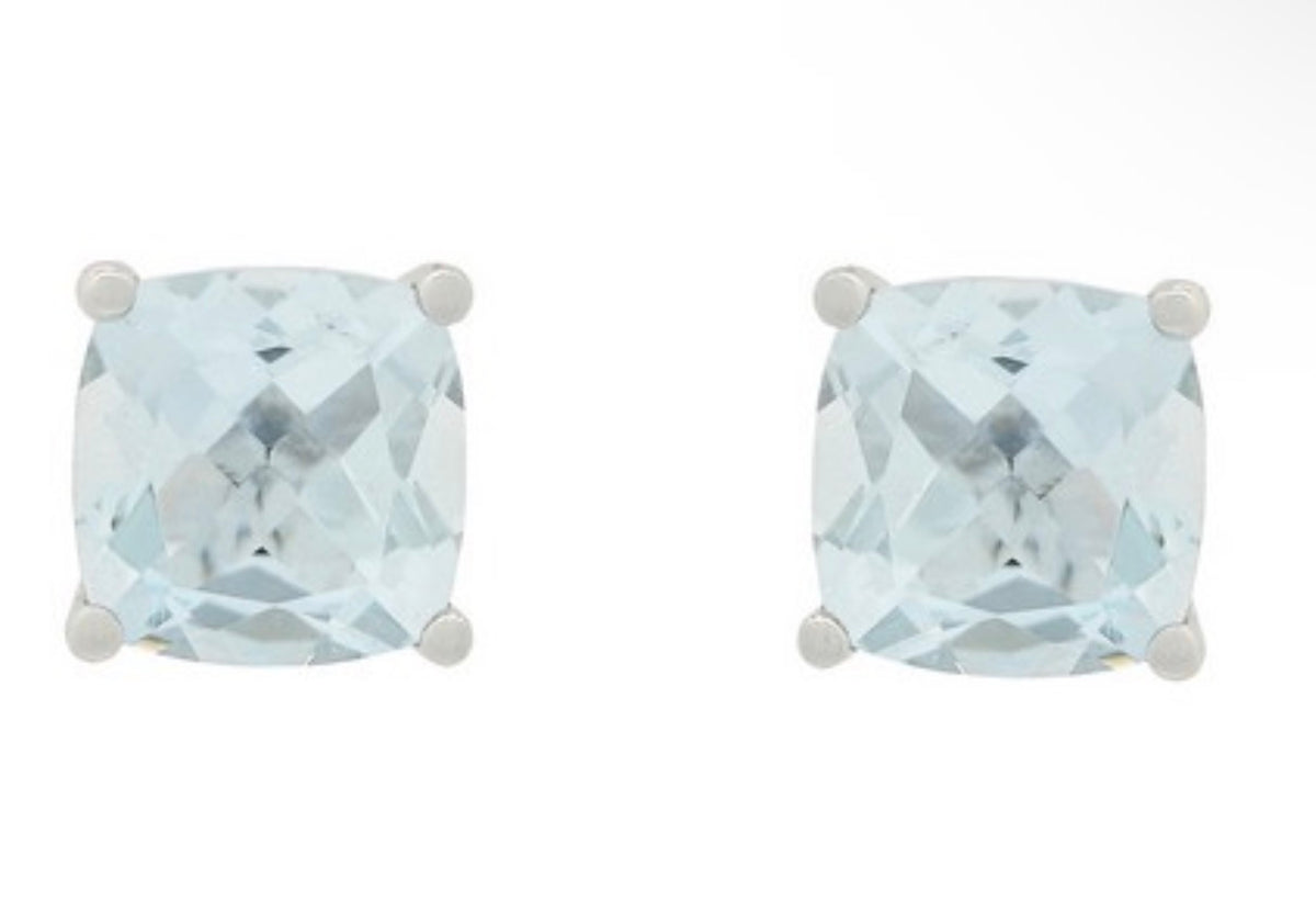 14K White Gold Cushion Cut Aquamarine Stud Earrings