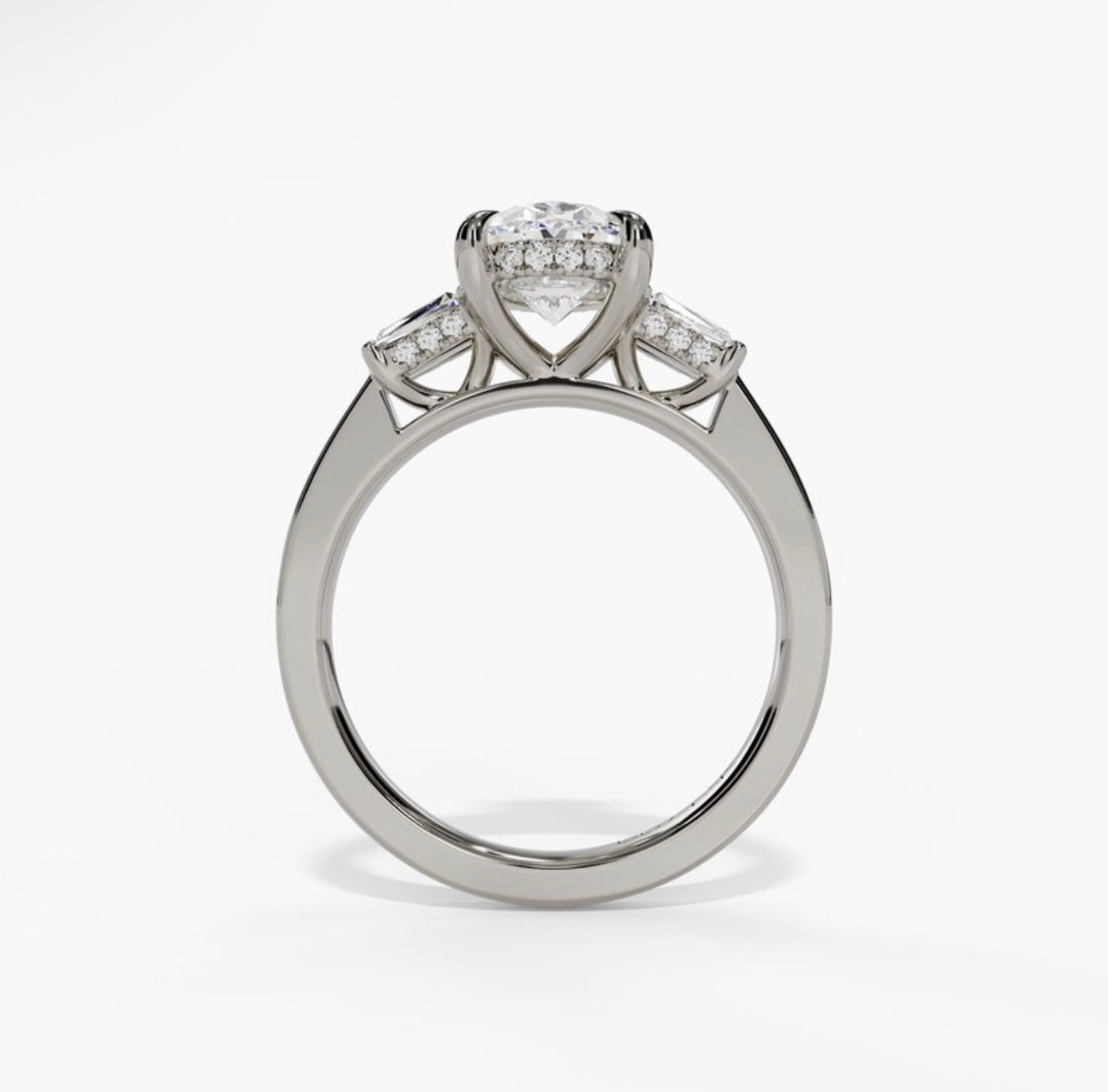 14K White Gold Three Stone Diamond Hidden Halo Engagement Ring With Tapered Baguettes