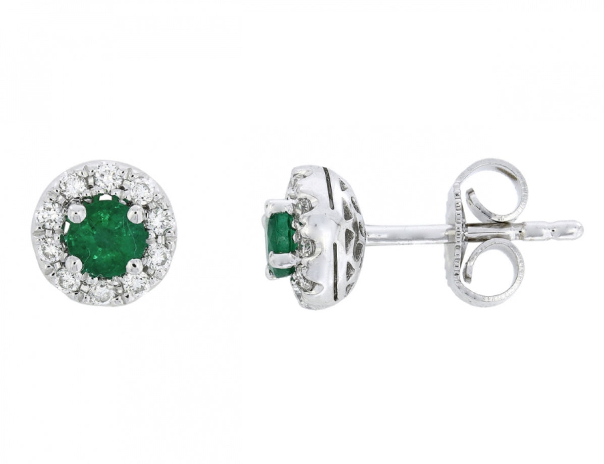 14K White Gold Emerald and Diamond Halo Stud Earrings
