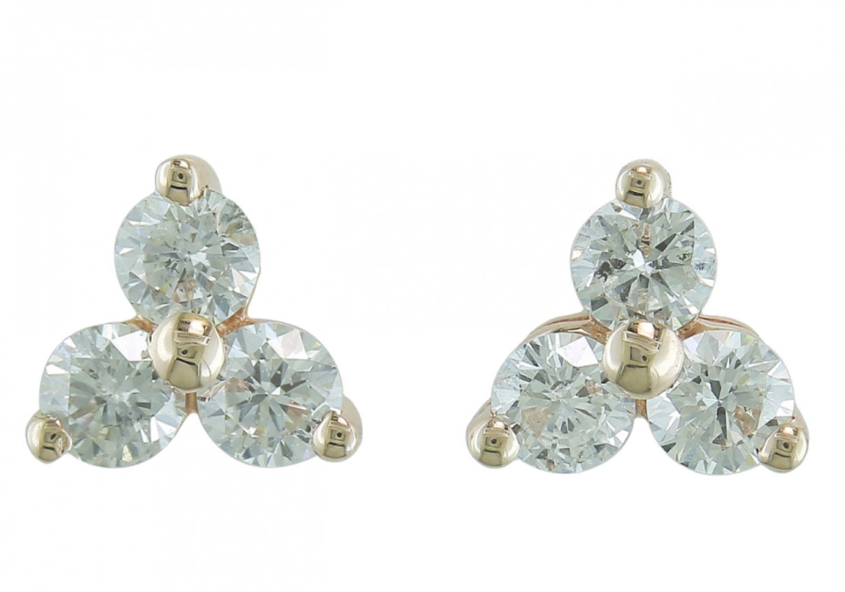 14K Yellow Gold 3 Stone Geometric Diamond Stud Earrings