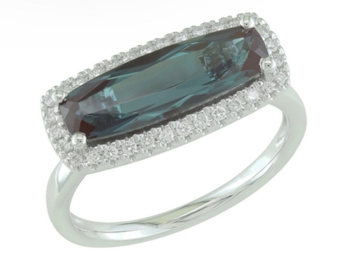 10K White Gold Created Alexandrite and Natural Diamond East-to-West Halo Ring