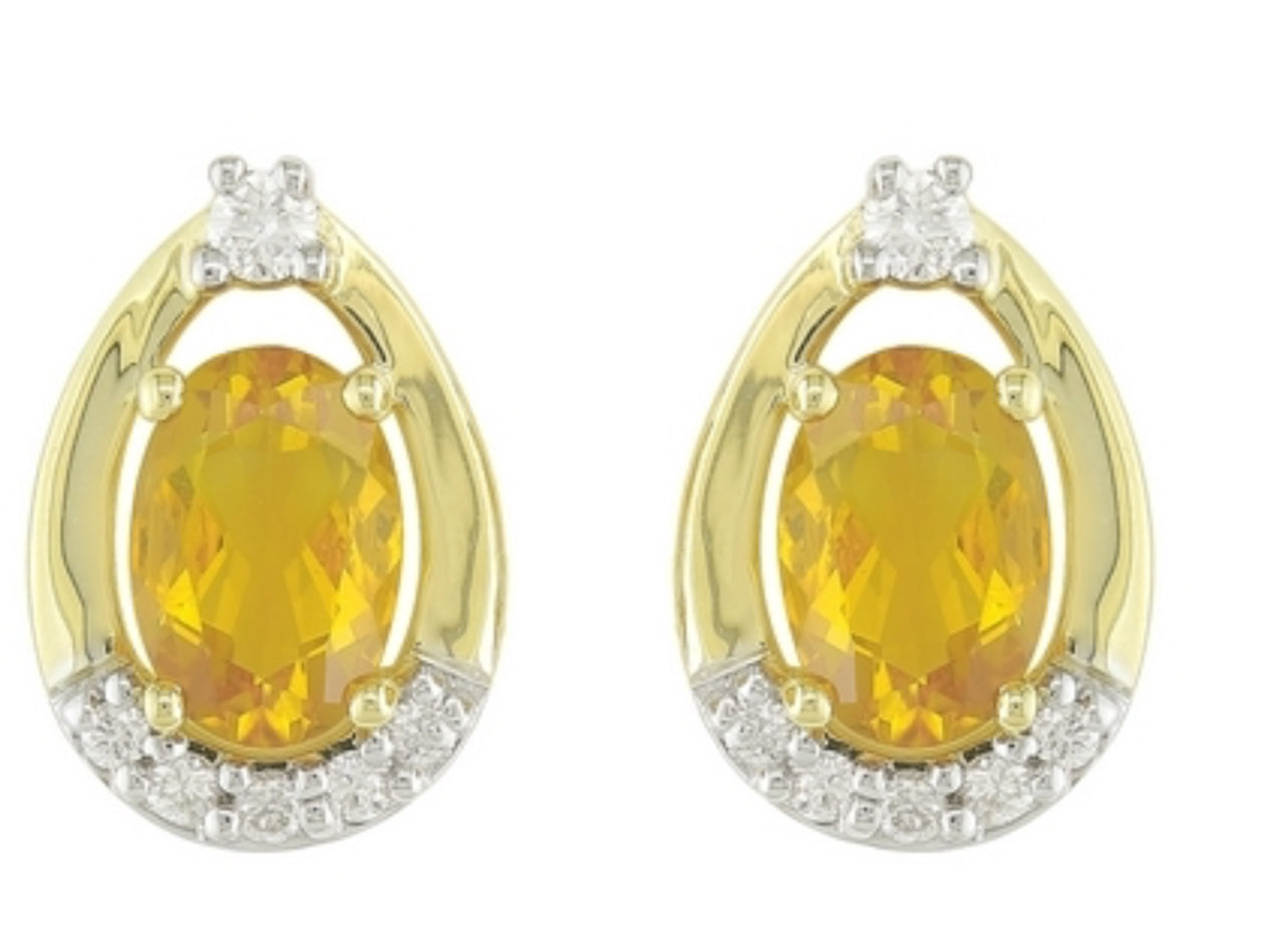 14k white gold natural citrine stud earring with diamonds, white gold stud, outlet citrine earrings.