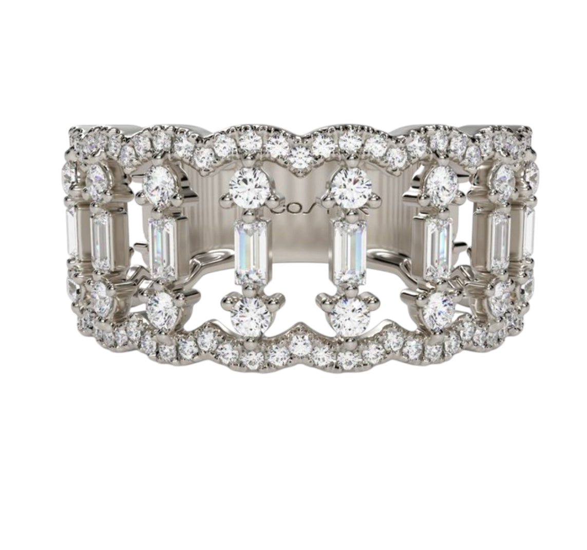 14K White Gold Diamond Stationary Round and Baguette Band
