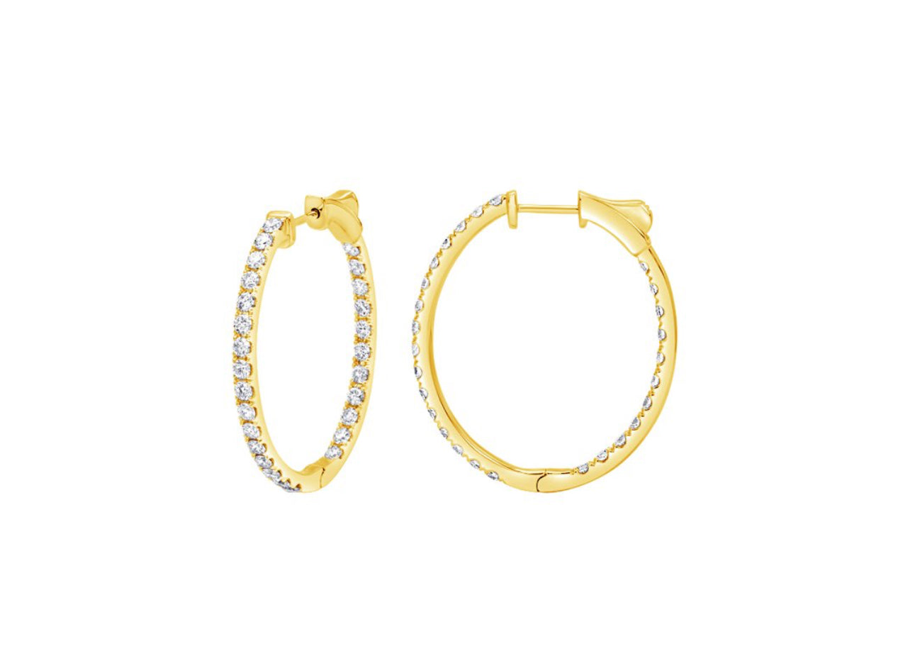 14K White or Yellow Gold Classic Oval Inside-Out Diamond Hoops
