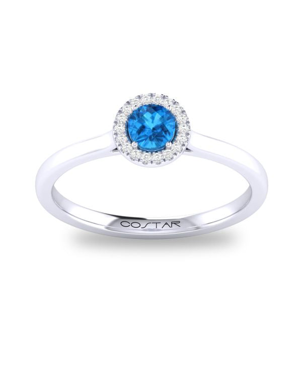 10K White or Yellow Gold Blue Topaz and Diamond Halo Ring