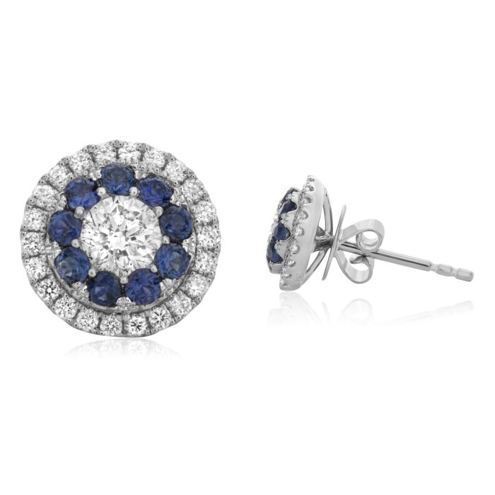 14K White Gold Blue Sapphire and Diamond Stud Earrings