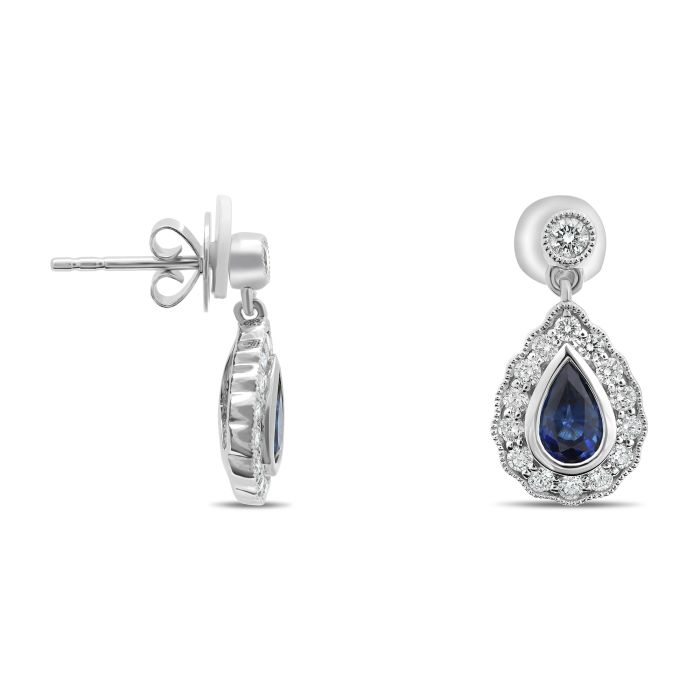 18K White Gold Blue Sapphire and Diamond Halo Drop Earrings