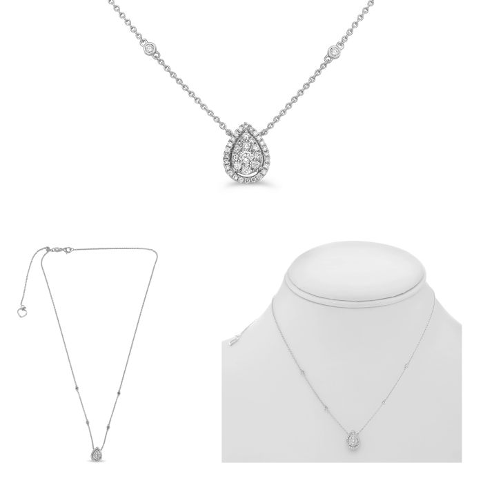 14K White Gold Pear Shaped Cluster Diamond Necklace with Halo