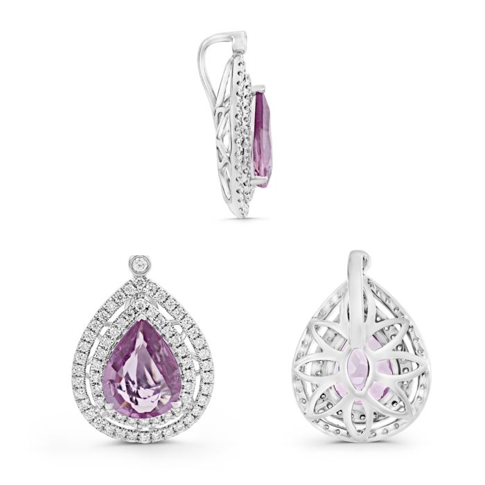 18K White Gold Natural Purplish Pink Sapphire and Diamond Pear-Shape Pendant
