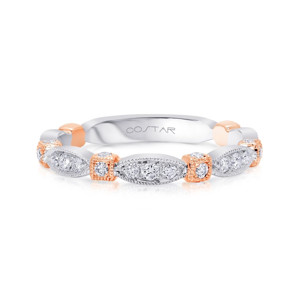 14K Rose and White Gold Ladies' Stackable Vintage Inspired Diamond Wedding Band