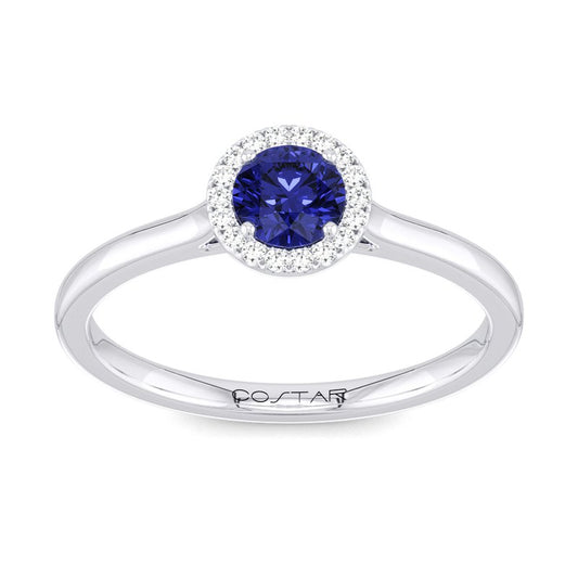 10K White Gold Natural Blue Sapphire and Diamond Halo Birthstone Ring