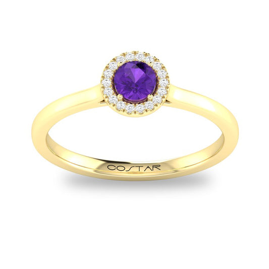 10K Yellow Gold Amethyst and Diamond Halo Birthstone Ring