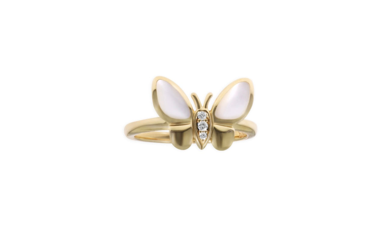 14K Yellow Gold White Mother of Pearl and Diamond KABANA Butterfly Ring