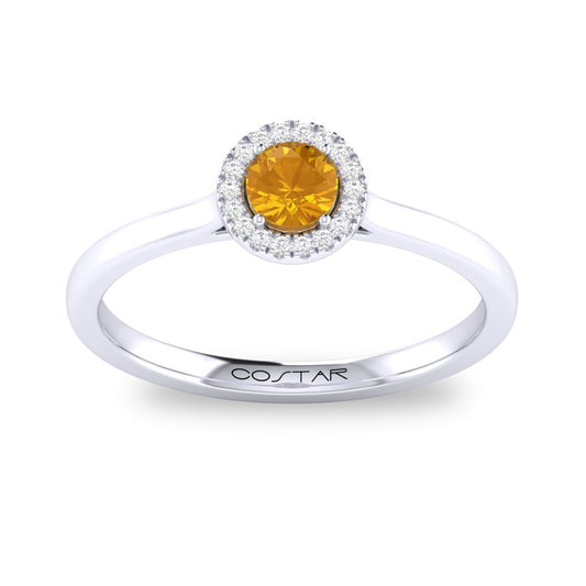 10K White Gold Natural Citrine and Diamond Halo Birthstone Ring