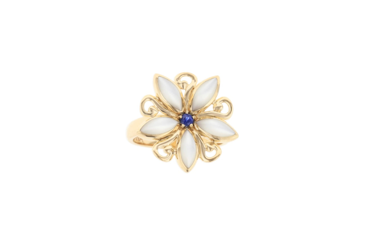 14K Yellow Gold White Mother of Pearl and Sapphire KABANA Scroll Flower Ring