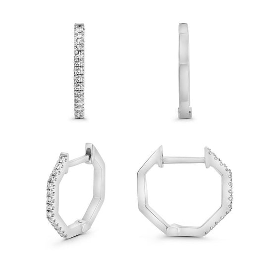 14K White Gold Diamond Hexagon Hoop Earrings