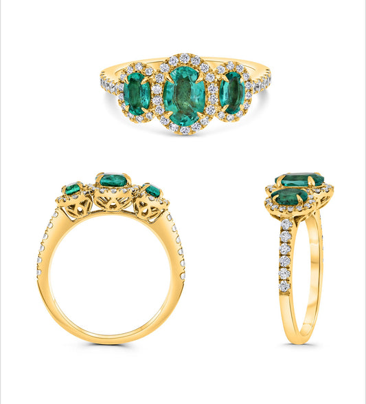 18K Yellow Gold Emerald and Diamond Three Stone Ring