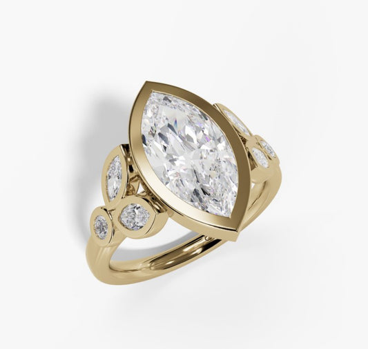 14K Yellow Gold Bezel Set LAB Grown Marquise Cut Diamond Engagement Ring