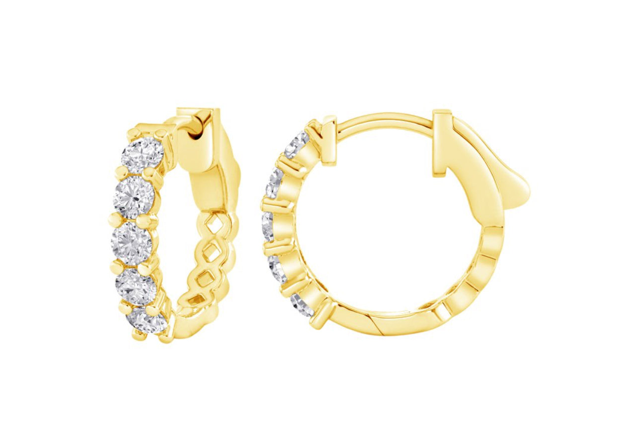 14K Yellow Gold Round Floating Diamond Huggies Hoop Earrings