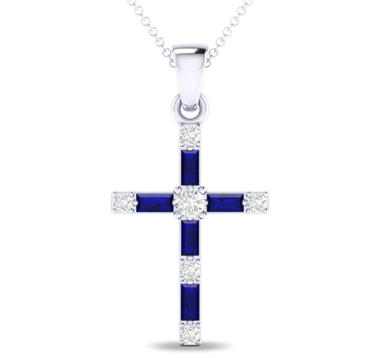 14K White Gold Baguette Sapphire and Diamond Cross Necklace