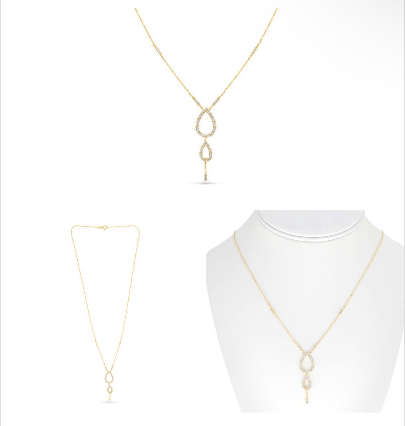 14K Yellow Gold Double Pear Drop Diamond Necklace