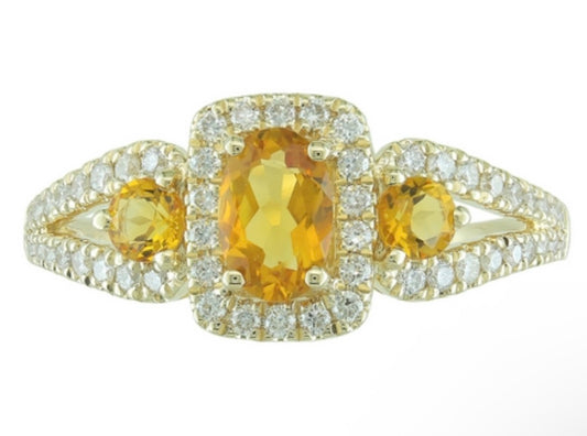 14K Yellow Three Stone Citrine and Diamond Halo Ring