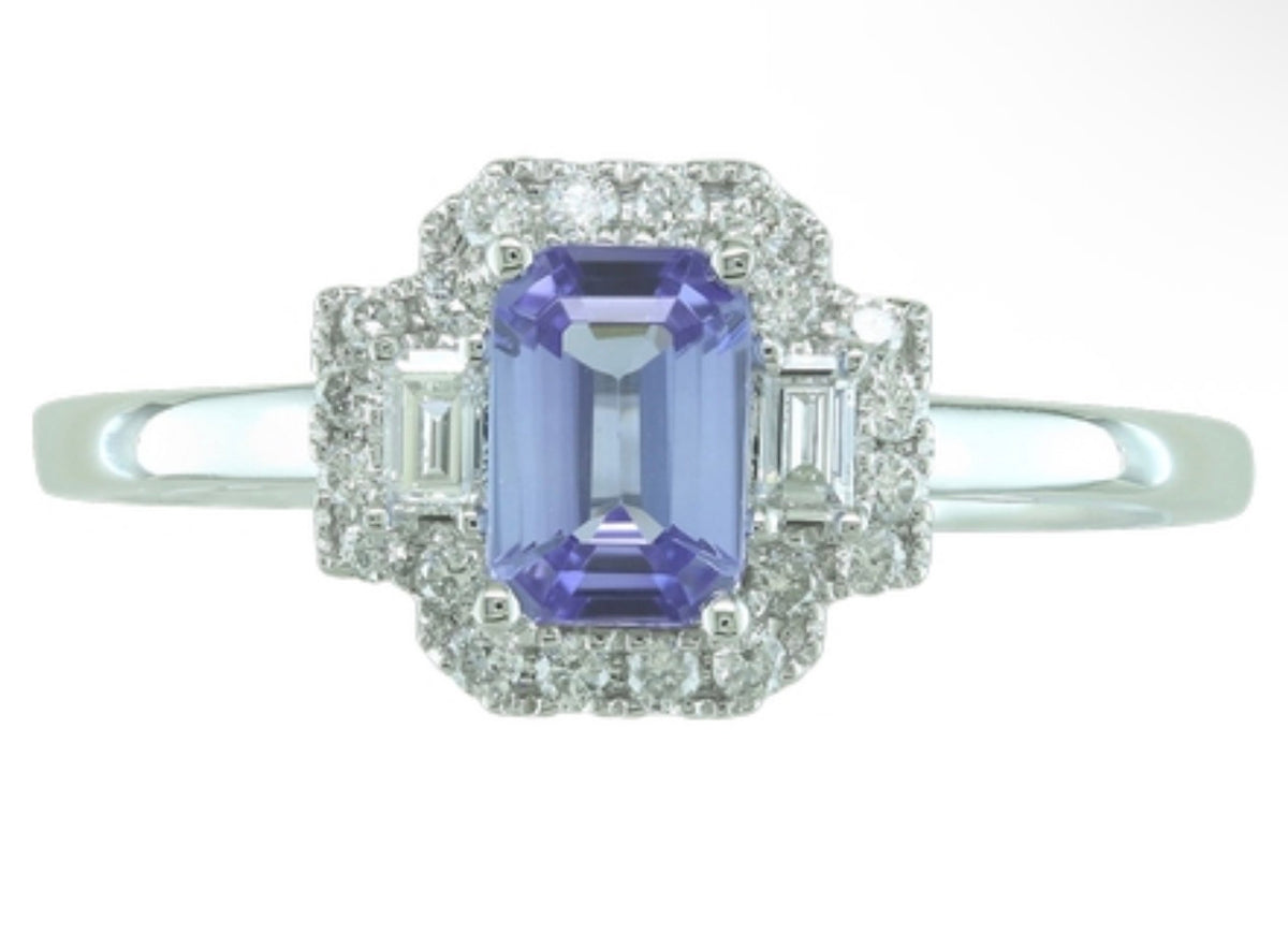 14K White Gold Tanzanite and Diamond Three Stone Halo Ring