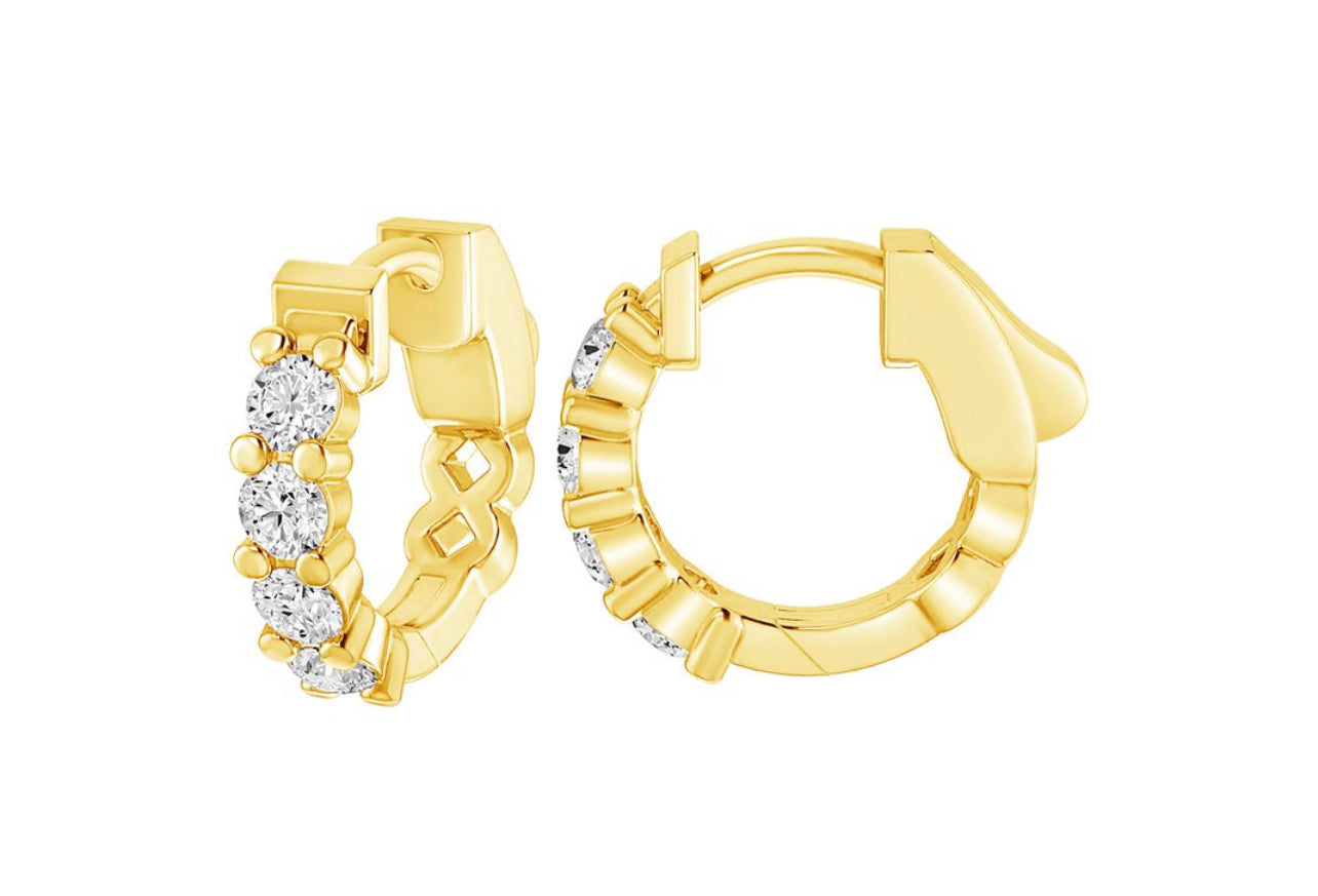 14K Yellow Gold Round Floating Diamond Huggies Hoop Earrings