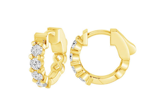 14K Yellow Gold Round Floating Diamond Huggies Hoop Earrings