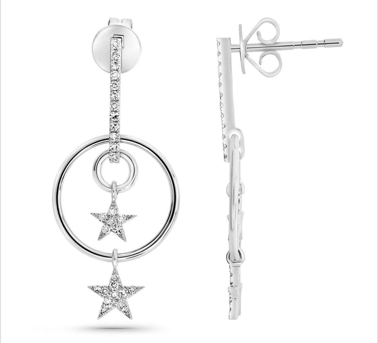 14K Yellow or White Gold Diamond Star Dangle Earrings