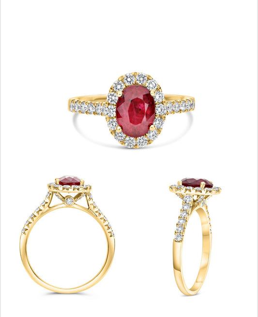 18K Yellow Gold Oval-Cut Ruby and Diamond Halo Ring