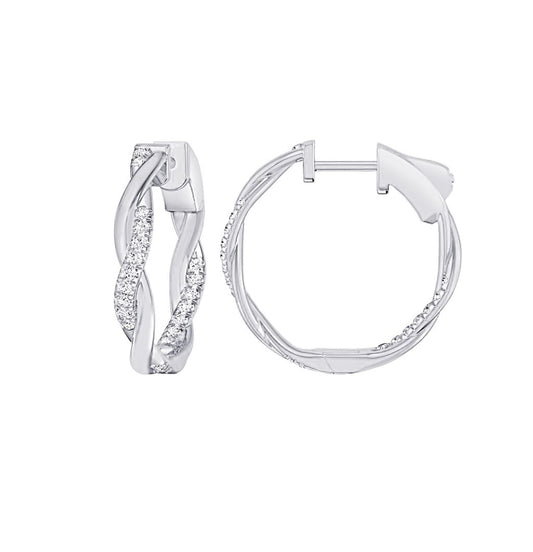 14K White Gold Twisted Diamond Hoops