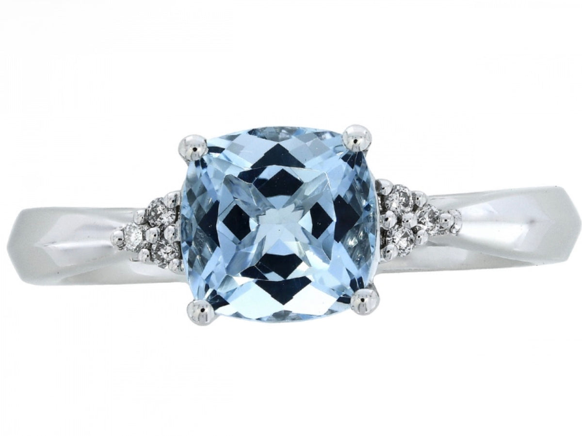 14K White Gold Cushion Cut Aquamarine and Diamond Accented Ring