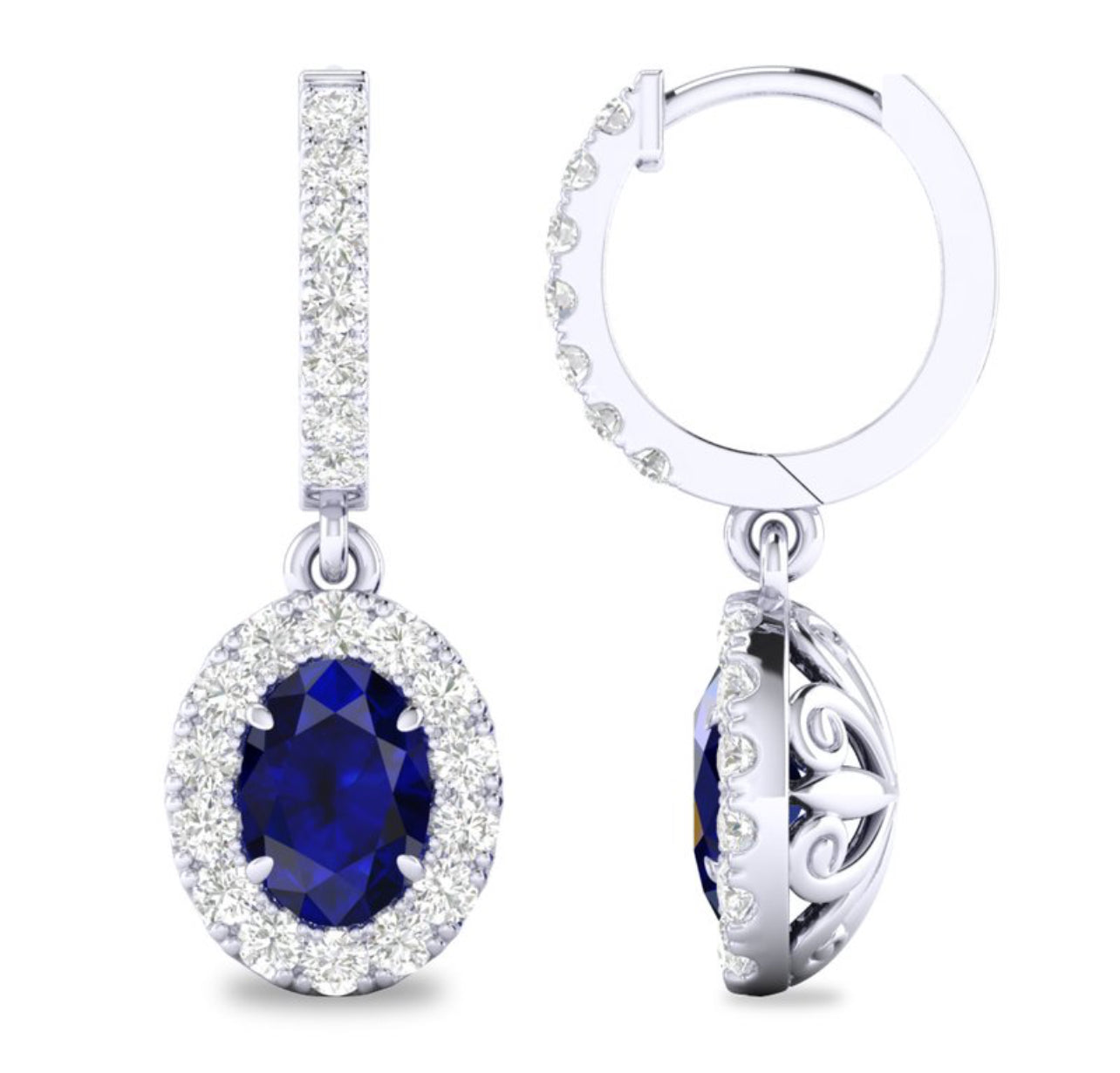 14K White Gold Oval Sapphire and Diamond Drop Earrings