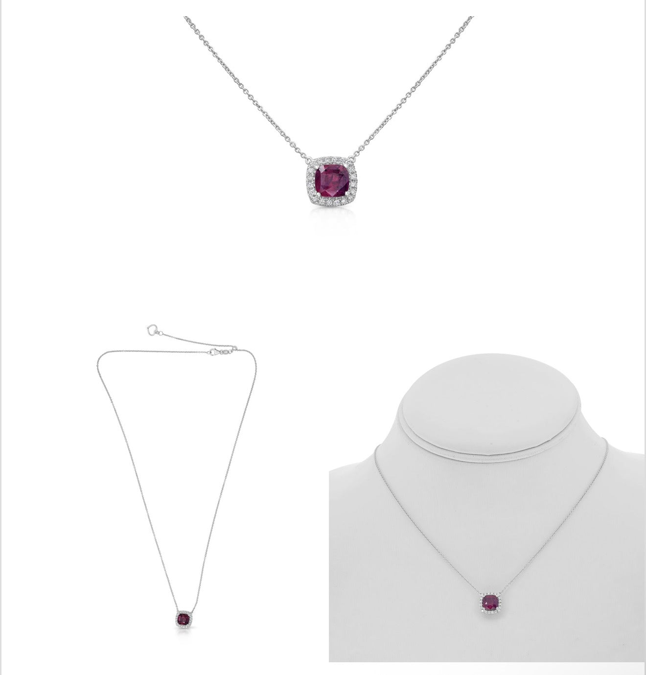 G.I.A Certified 18K White Gold Cushion Cut Ruby and Diamond Necklace