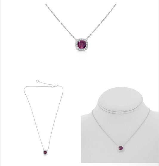 G.I.A Certified 18K White Gold Cushion Cut Ruby and Diamond Necklace