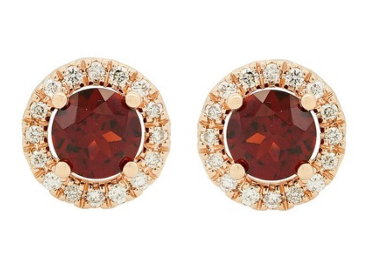 14K Rose Gold Round Garnet and Diamonds Halo Stud Earrings