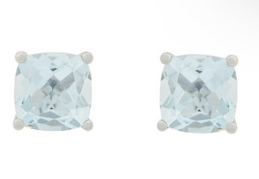 14K White Gold Cushion Cut Aquamarine Stud Earrings