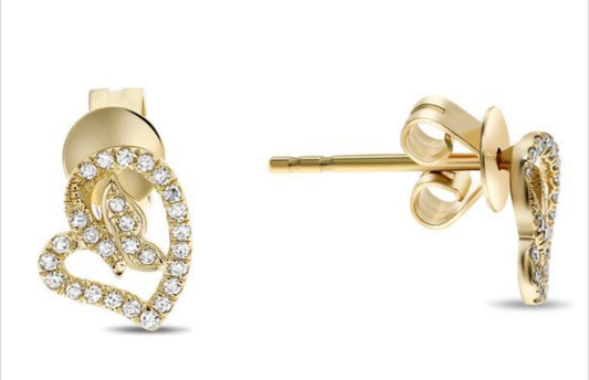 14K Yellow Gold Diamond Heart Stud Earrings