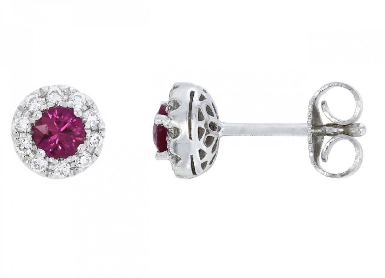 14K White Gold Ruby and Diamond Halo Stud Earrings