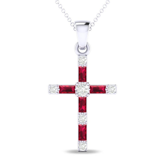 14K White Gold Baguette Ruby and Diamond Cross Necklace