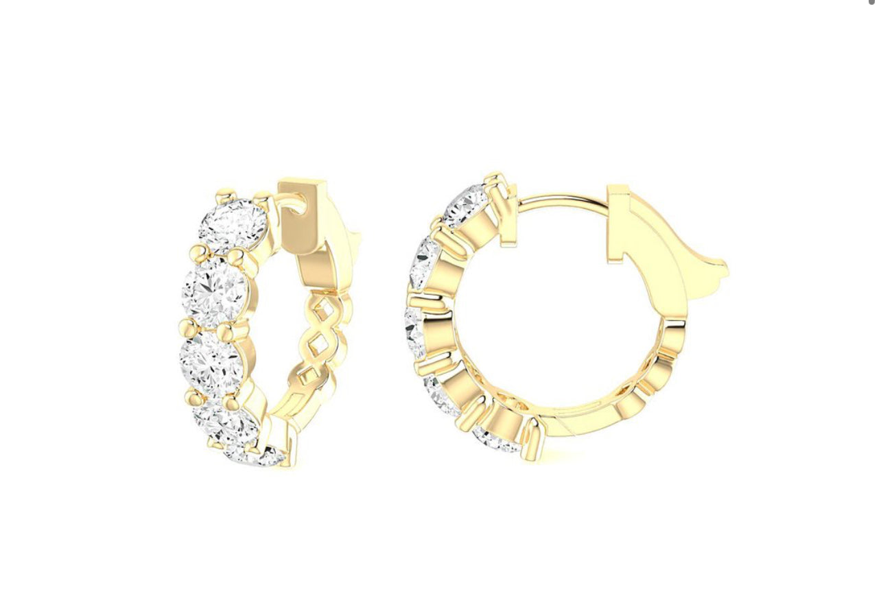 14K Yellow Gold Round Floating Diamond Huggies Hoop Earrings