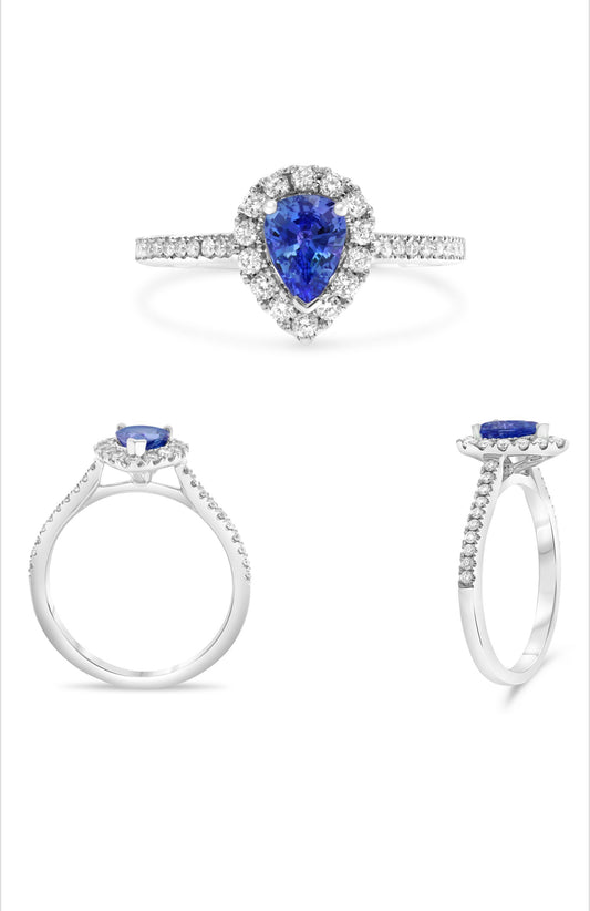 Platinum Blue Sapphire and Diamond Halo Ring